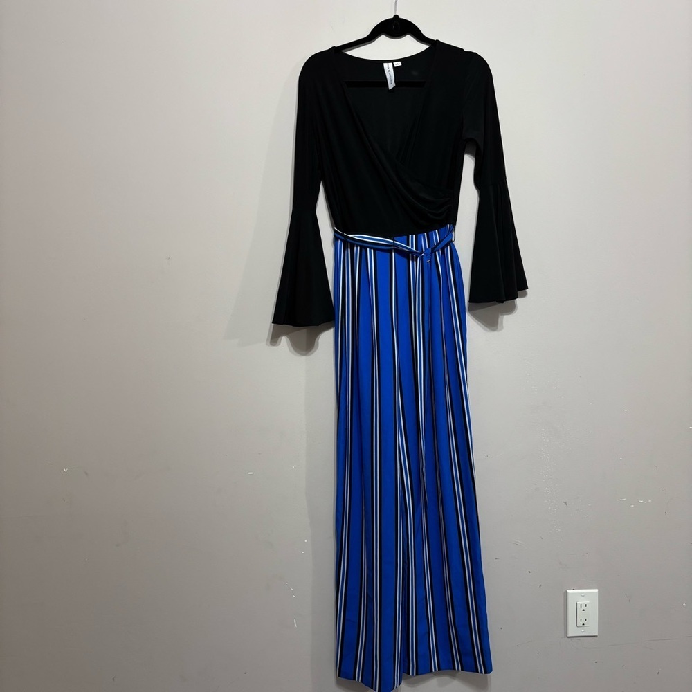 Chic‎ Black Top with Blue Striped Pants Jumpsuit